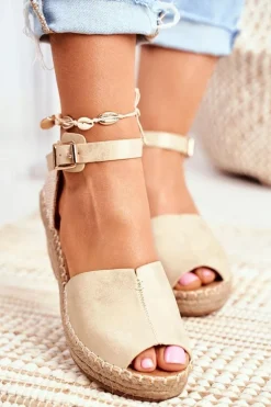 Sandały Na Plecionej Koturnie Złote Maritta