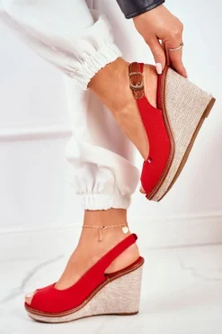 Sandały Na Plecionej Koturnie Czerwone Tommy