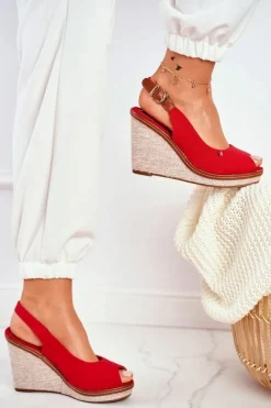 Sandały Na Plecionej Koturnie Czerwone Tommy