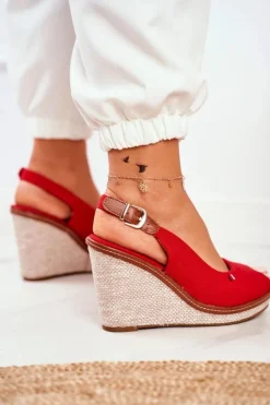 Sandały Na Plecionej Koturnie Czerwone Tommy