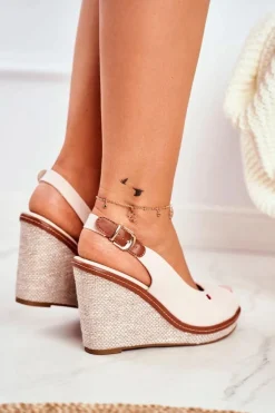 Sandały Na Plecionej Koturnie Beżowe Tommy