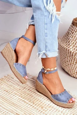 Sandały Na Plecionej Koturnie Niebieskie Sagittarius