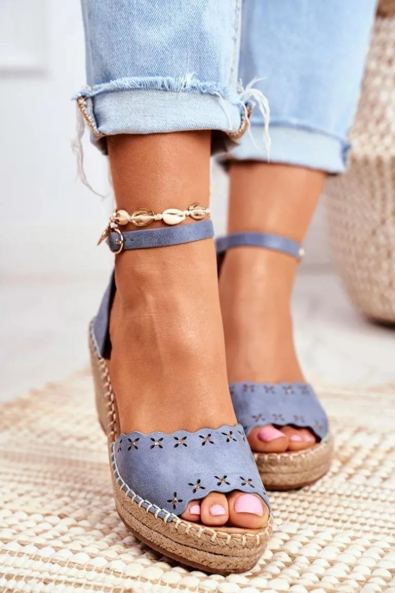 Sandały Na Plecionej Koturnie Niebieskie Sagittarius