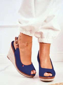 Sandały Na Plecionej Koturnie Granatowe Tommy