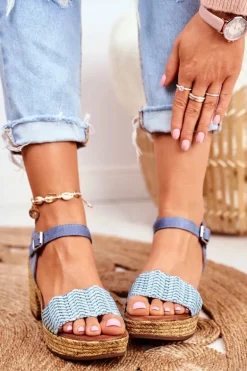 Sandały Na Plecionej Platformie Niebieskie Fobi