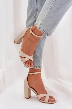 Sandały Na Słupkowym Obcasie Z Eko Skóry Beżowe Lanaria