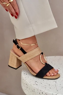 Sandały Na Słupkowym Obcasie Czarno-Beżowe Afleeria