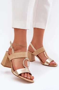 Sandały Na Słupkowym Obcasie Złote Afleeria