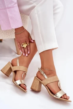Sandały Na Słupkowym Obcasie Złote Afleeria
