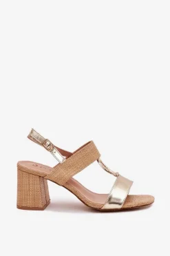 Sandały Na Słupkowym Obcasie Złote Afleeria