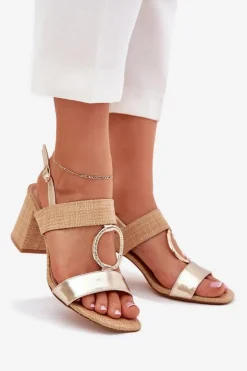Sandały Na Słupkowym Obcasie Złote Afleeria
