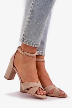 Sandały Na Słupkowym Obcasie Z Eko Zamszu Beżowe Saniffia