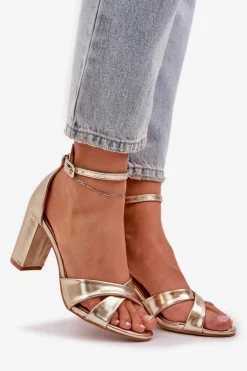 Sandały Na Słupkowym Obcasie Z Eko Skóry Złote Lanaria