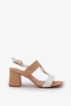 Sandały Na Słupkowym Obcasie Biało-Beżowe Afleeria