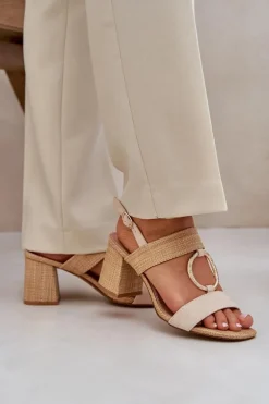 Sandały Na Słupkowym Obcasie Beżowe Afleeria