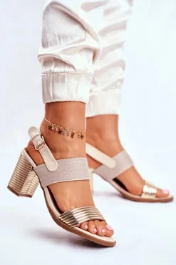 Sandały Na Słupku Beżowo-Złote Emmy