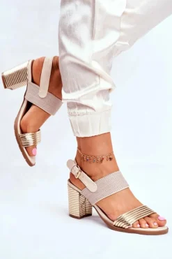 Sandały Na Słupku Beżowo-Złote Emmy
