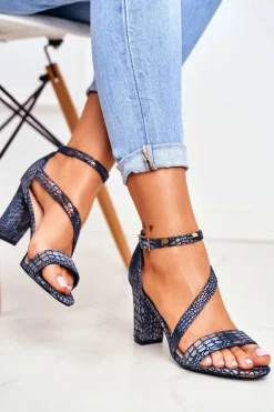 Sandały Na Słupku Sergio Leone SK870 Granatowe Zwierzęcy Wzór