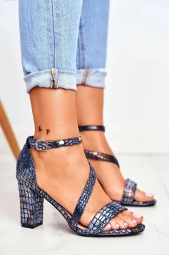 Sandały Na Słupku Sergio Leone SK870 Granatowe Zwierzęcy Wzór