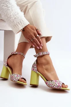 Sandały Na Słupku W Kwiaty Żółte Vitamella