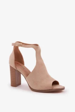 Sandały Na Słupku Z Eko Zamszu Beżowe Lanadriena