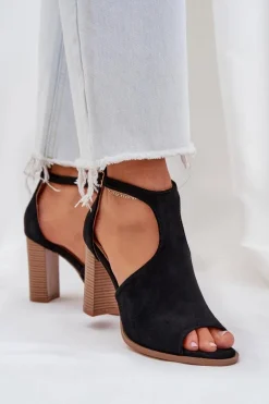 Sandały Na Słupku Z Eko Zamszu Czarne Lanadriena