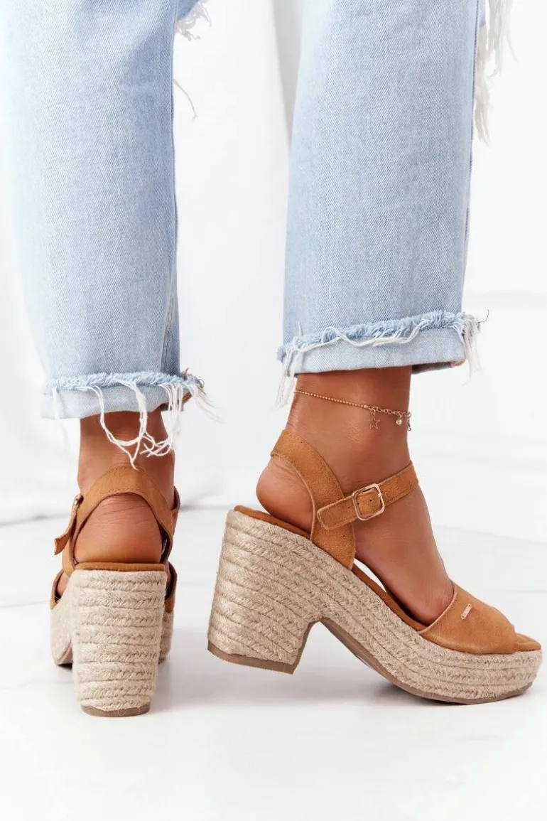 Sandały Na Słupku Z Plecionką Big Star HH274394 Camel