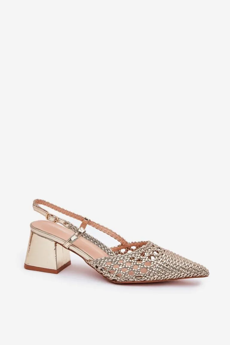 Sandały Na Słupku Z Plecionką I Szpiczastymi Noskami Złote Resterri
