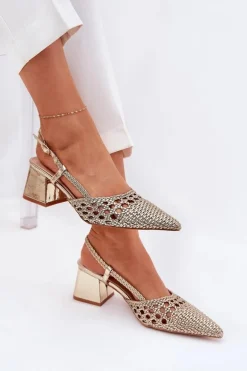 Sandały Na Słupku Z Plecionką I Szpiczastymi Noskami Złote Resterri