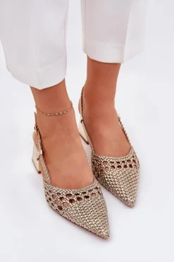 Sandały Na Słupku Z Plecionką I Szpiczastymi Noskami Złote Resterri