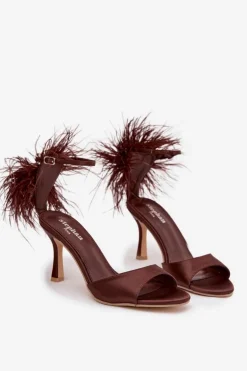 Sandały Na Szpilce Z Piórami Czekoladowe Caelina