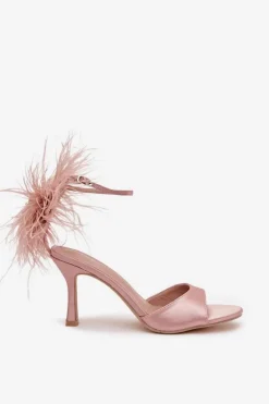 Sandały Na Szpilce Z Piórami Brudny Róż Caelina
