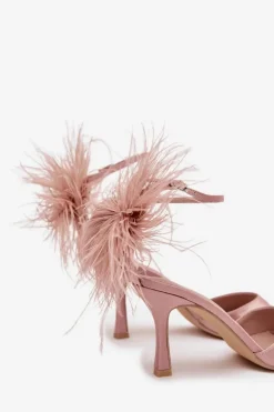 Sandały Na Szpilce Z Piórami Brudny Róż Caelina