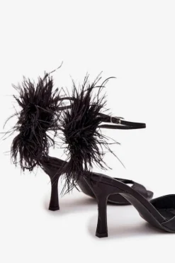 Sandały Na Szpilce Z Piórami Czarne Caelina