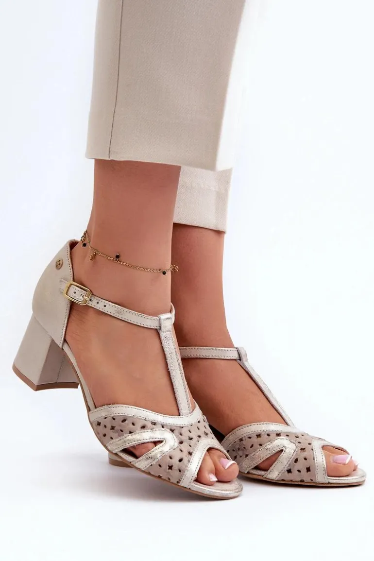 Sandały Skórzane Damskie Na Obcasie Maciejka 06551-04 Beżowo-Złote