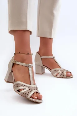 Sandały Skórzane Damskie Na Obcasie Maciejka 06551-04 Beżowo-Złote