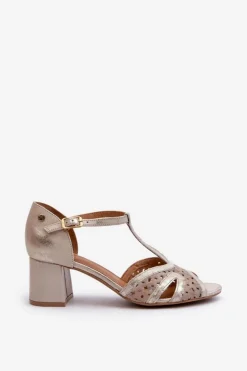 Sandały Skórzane Damskie Na Obcasie Maciejka 06551-04 Beżowo-Złote
