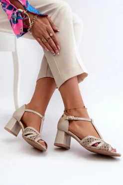 Sandały Skórzane Damskie Na Obcasie Maciejka 06551-04 Beżowo-Złote