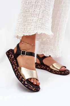 Sandały Skórzane Damskie Na Platformie Z Panterką S.Barski JC51-347 Złote