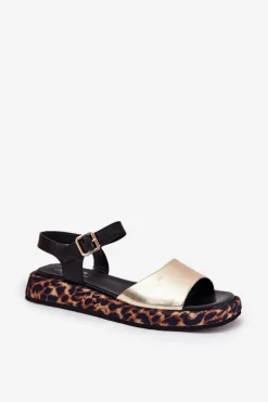 Sandały Skórzane Damskie Na Platformie Z Panterką S.Barski JC51-347 Złote