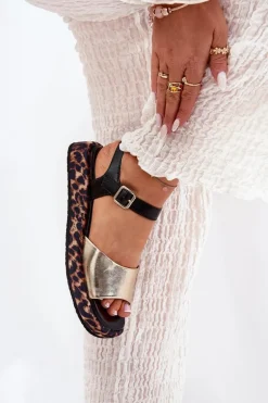 Sandały Skórzane Damskie Na Platformie Z Panterką S.Barski JC51-347 Złote