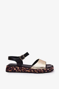 Sandały Skórzane Damskie Na Platformie Z Panterką S.Barski JC51-347 Złote