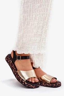 Sandały Skórzane Damskie Na Platformie Z Panterką S.Barski JC51-347 Złote