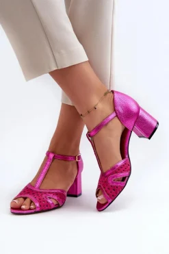 Sandały Skórzane Damskie Na Obcasie Maciejka 06551-15 Fuksja