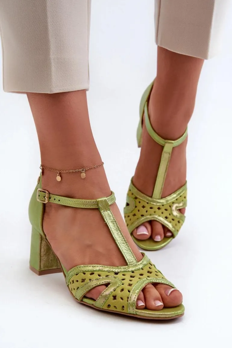 Sandały Skórzane Damskie Na Obcasie Maciejka 06551-09 Limonkowe