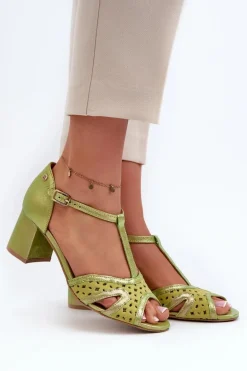 Sandały Skórzane Damskie Na Obcasie Maciejka 06551-09 Limonkowe