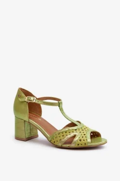 Sandały Skórzane Damskie Na Obcasie Maciejka 06551-09 Limonkowe