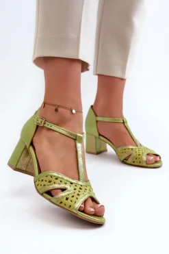 Sandały Skórzane Damskie Na Obcasie Maciejka 06551-09 Limonkowe