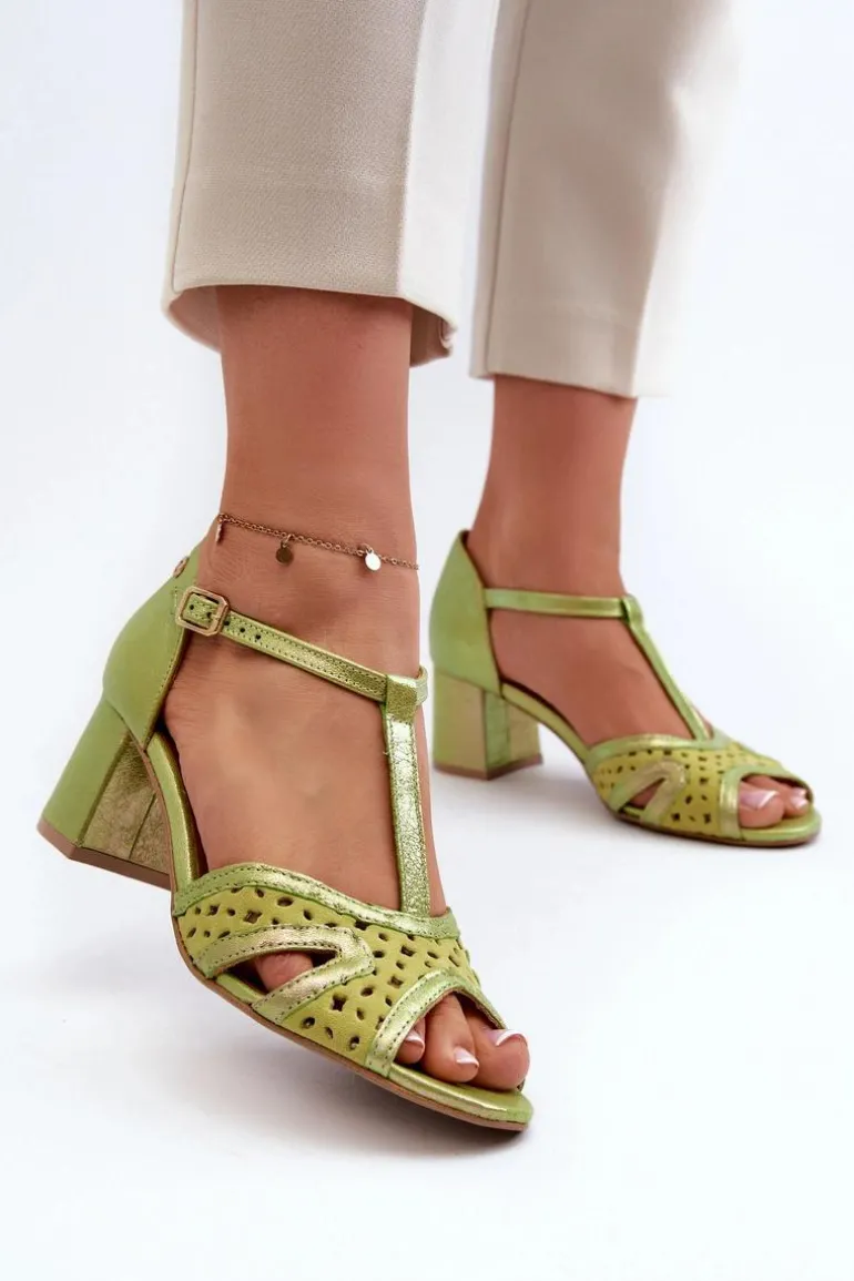 Sandały Skórzane Damskie Na Obcasie Maciejka 06551-09 Limonkowe