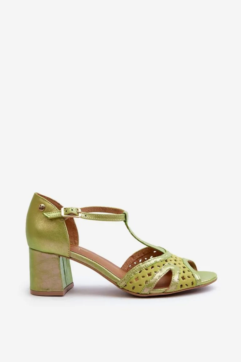 Sandały Skórzane Damskie Na Obcasie Maciejka 06551-09 Limonkowe